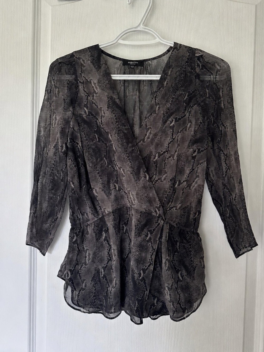 Babaton Aritzia Silk Snakeskin Sheer Alexander Wrap Peplum Blouse Goth Boho Chic